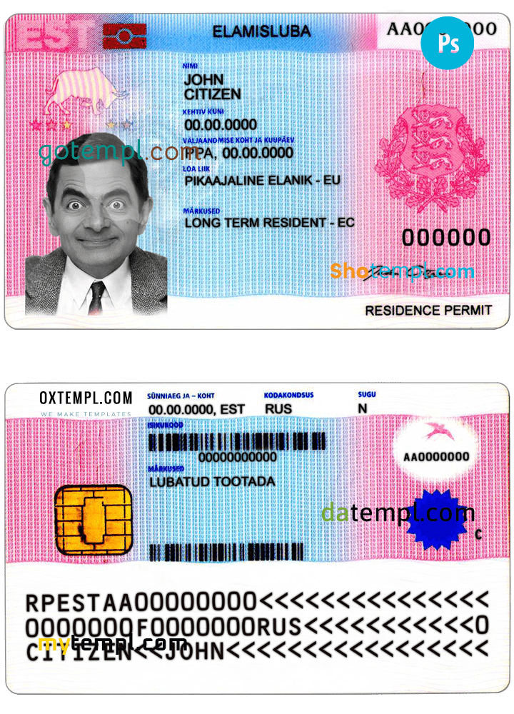 Estonian residence permit example in PSD format, fully editable