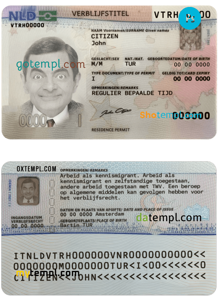 Dutch residence permit PSD example, fully editable, with fonts