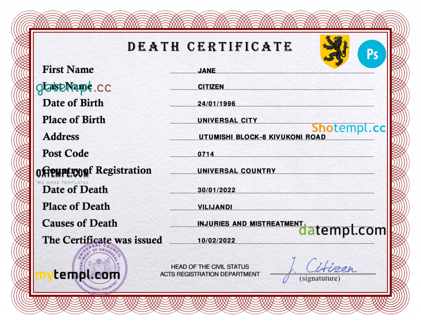 # rave vital record download death certificate universal PSD example