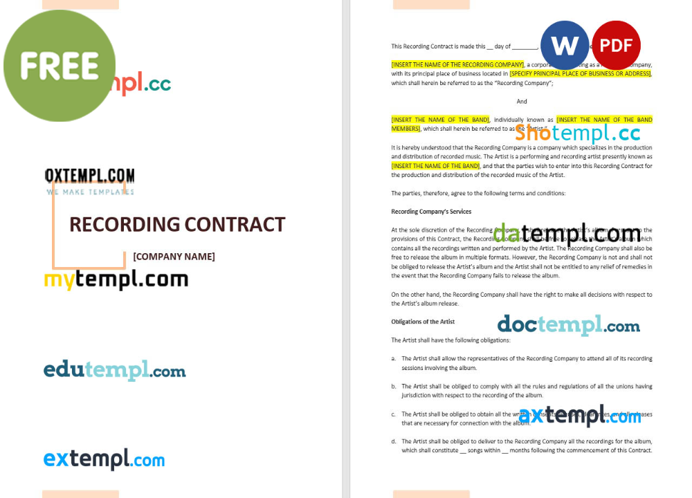 free download recording contract example, Word and PDF format