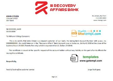 # recovery affairs bank universal multipurpose bank account reference example in Word and PDF format