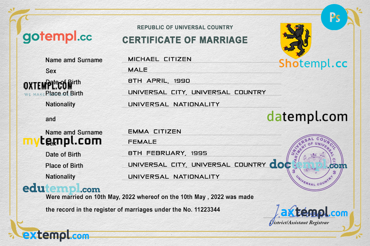 # red-eye universal marriage certificate PSD example, completely editable