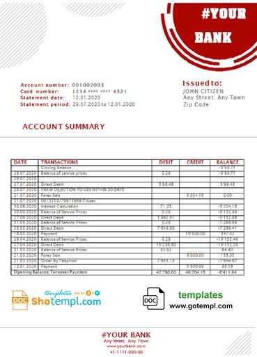 # red circles universal multipurpose bank statement 3 - 6 months example in Word format