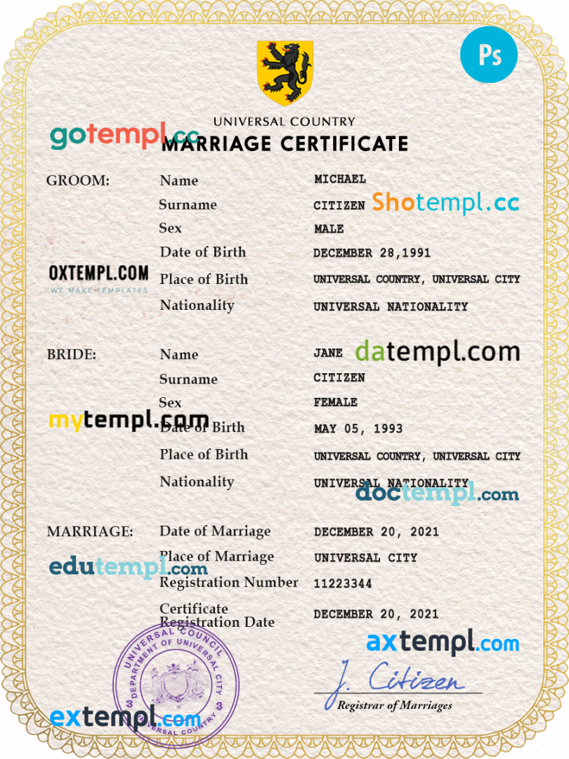 # refined universal marriage certificate PSD example, fully editable