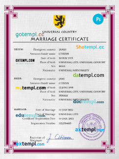 # registration universal marriage certificate PSD example, fully editable