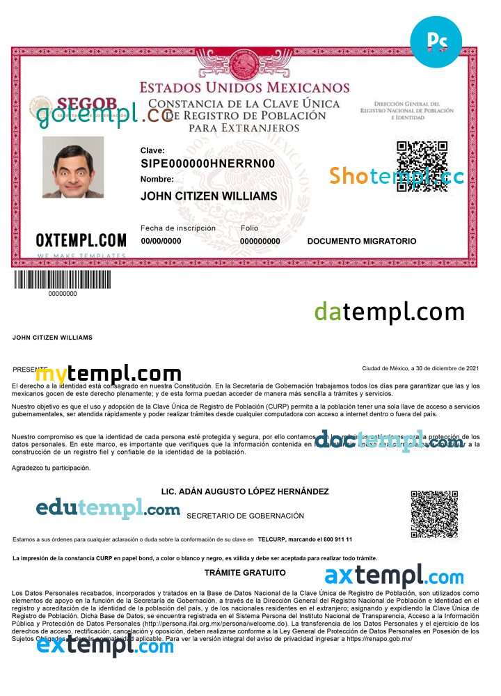 Mexican Registro de Poblacion de Mexican (CURP number) PSD example, fully editable