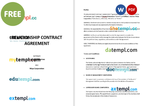 free download relationship contract agreement example, Word and PDF format
