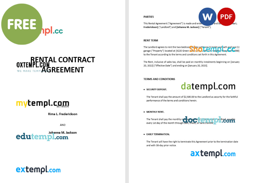 free download rental contract agreement example, Word and PDF format