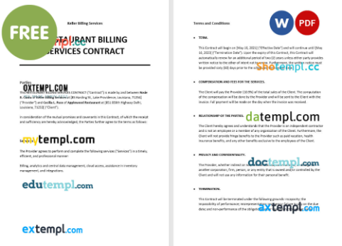free download restaurant billing services contract example, Word and PDF format