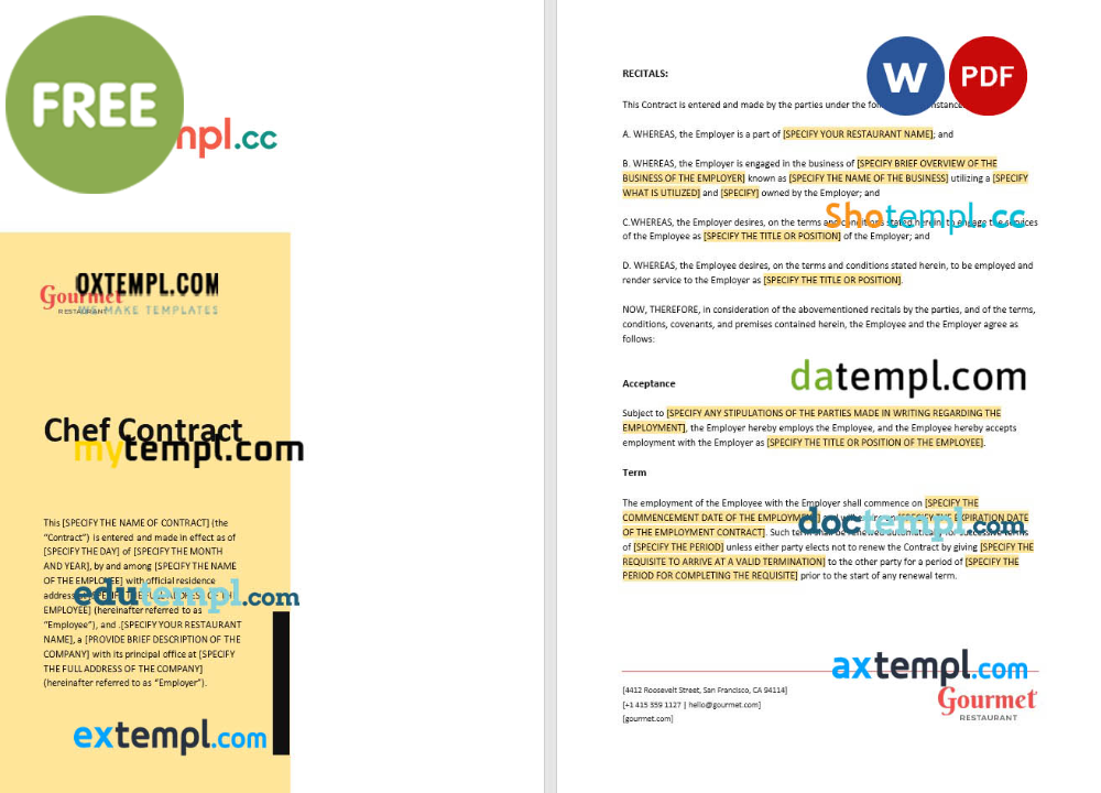 free download restaurant chef contract example, Word and PDF format