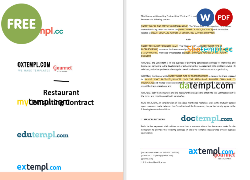 free download restaurant consulting contract example, Word and PDF format