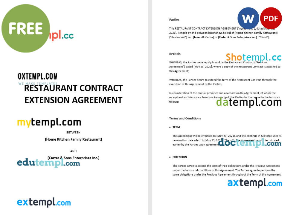 free download restaurant contract extension agreement example, Word and PDF format