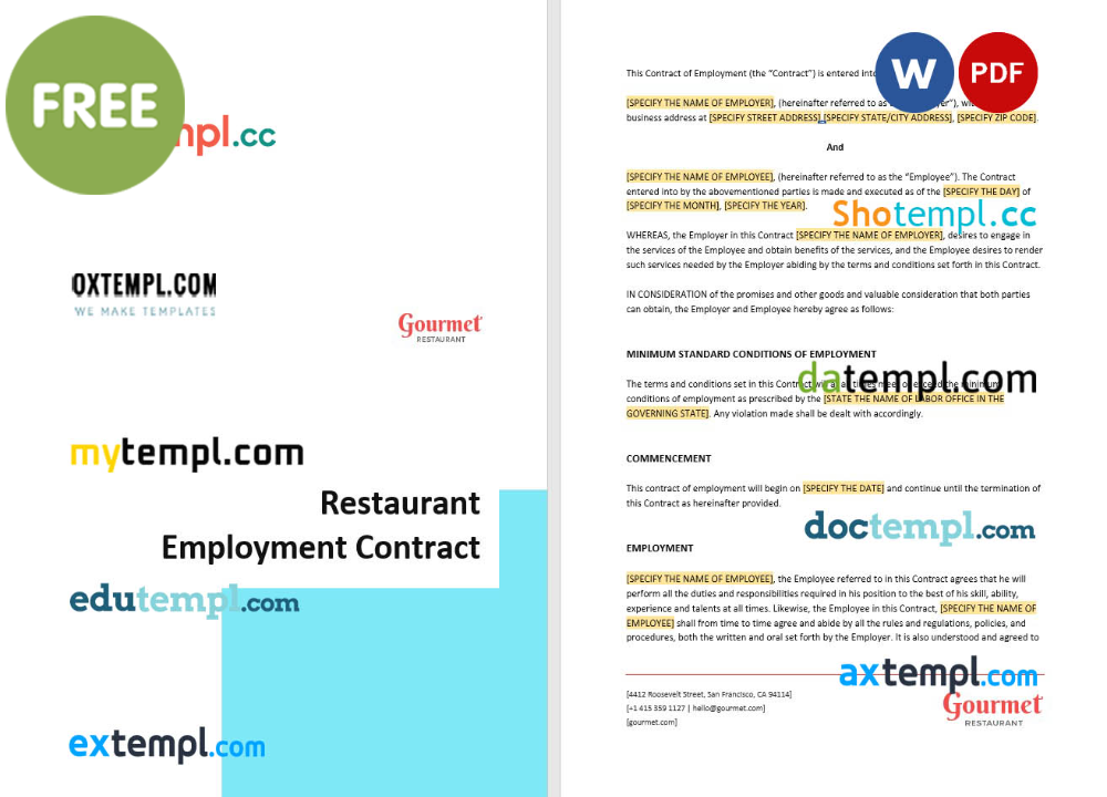 free download restaurant employment example, Word and PDF format