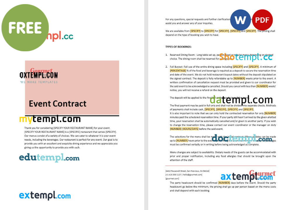 free download restaurant event contract example, Word and PDF format