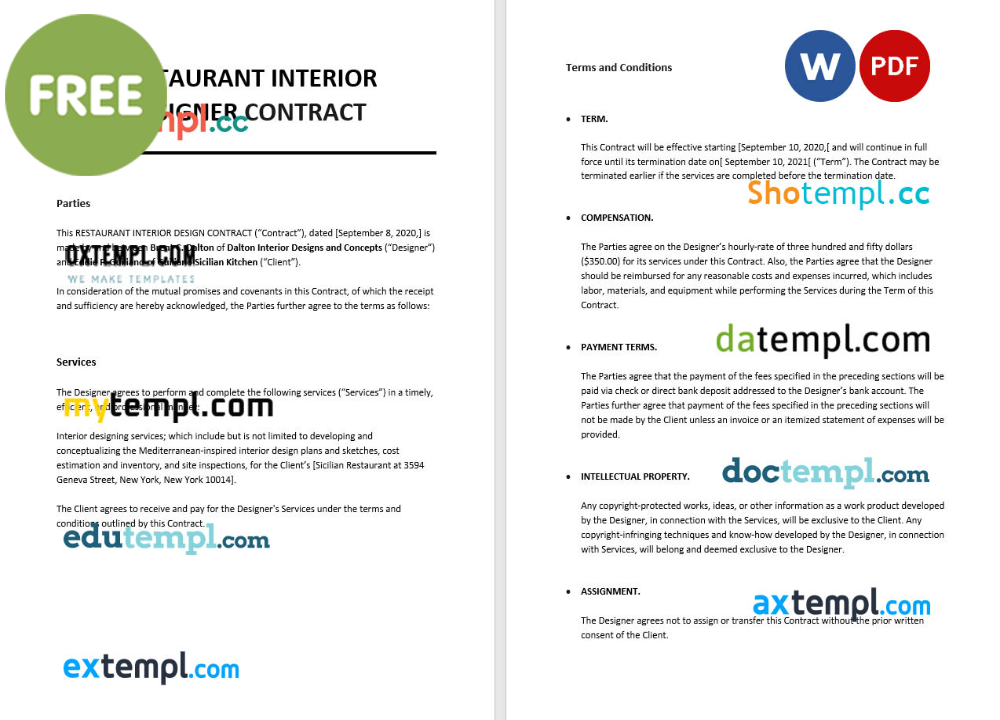 free download restaurant interior design contract example, Word and PDF format