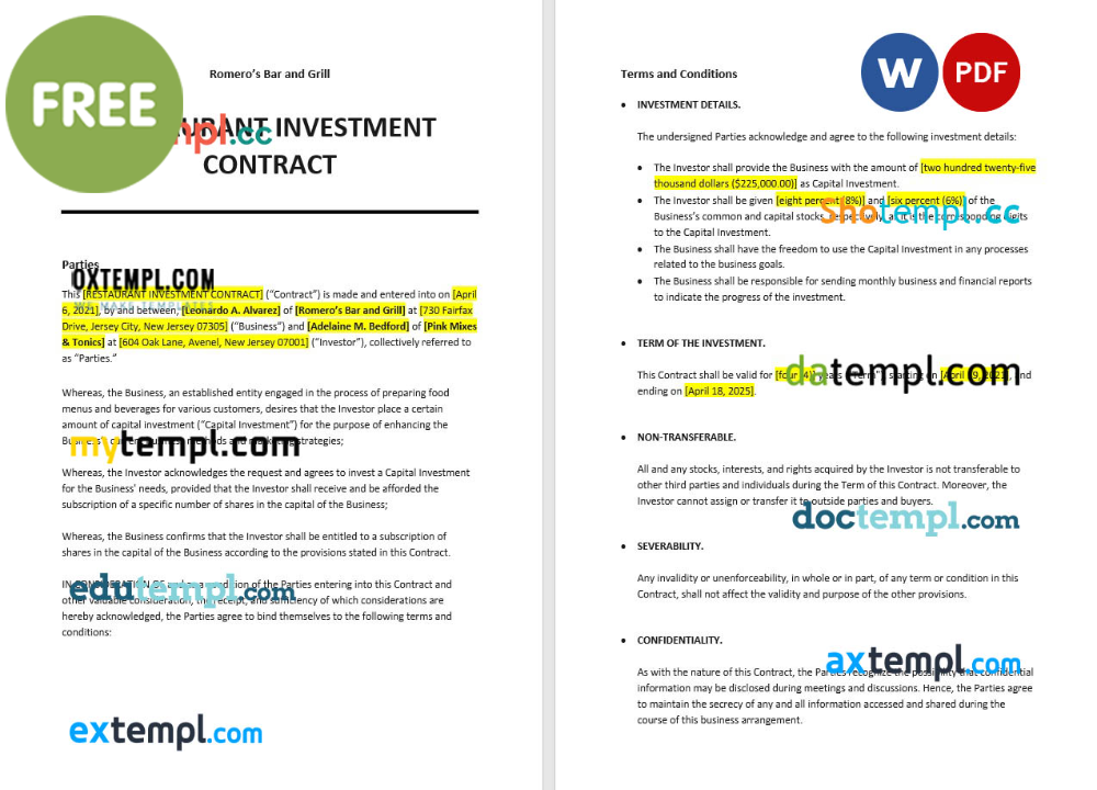 free download restaurant investment contract example, Word and PDF format