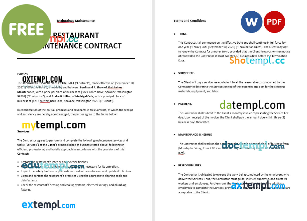free download restaurant maintenance contract example, Word and PDF format