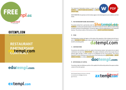 free download restaurant partnership contract example, Word and PDF format