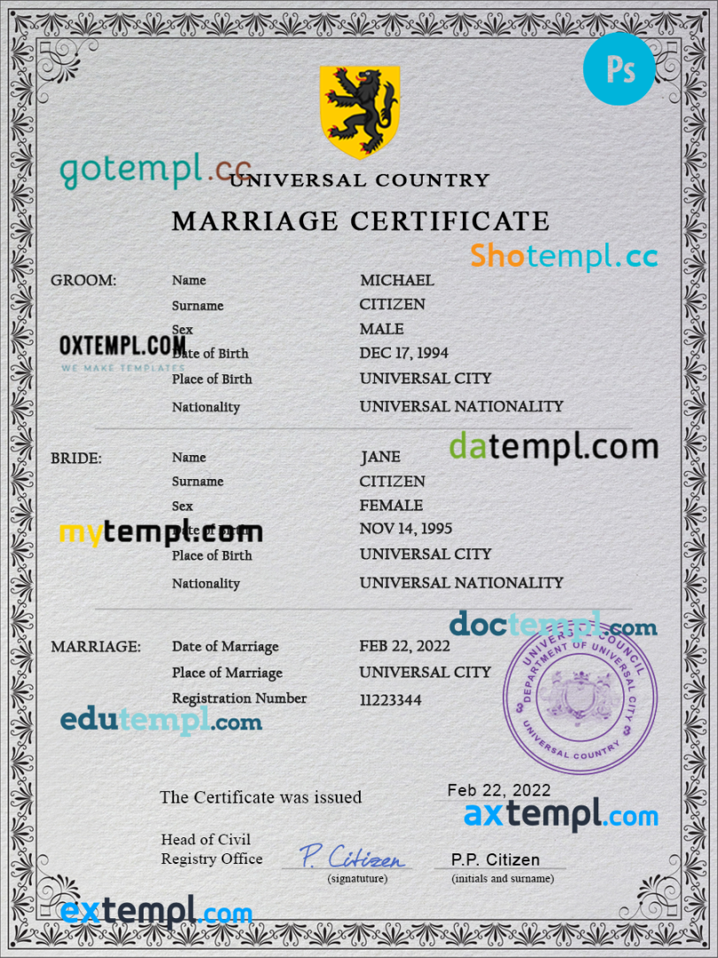 # romance universal marriage certificate PSD example, fully editable