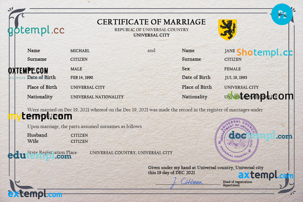 # romance universal marriage certificate PSD example, fully editable