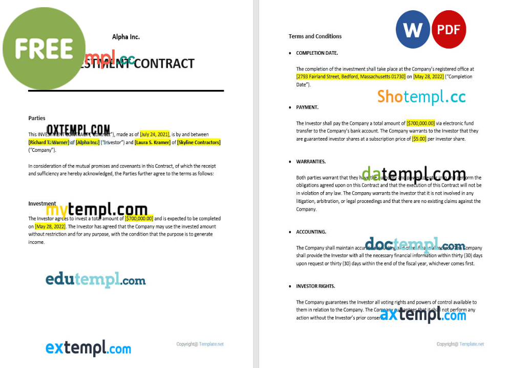 free download sample investment contract example, Word and PDF format