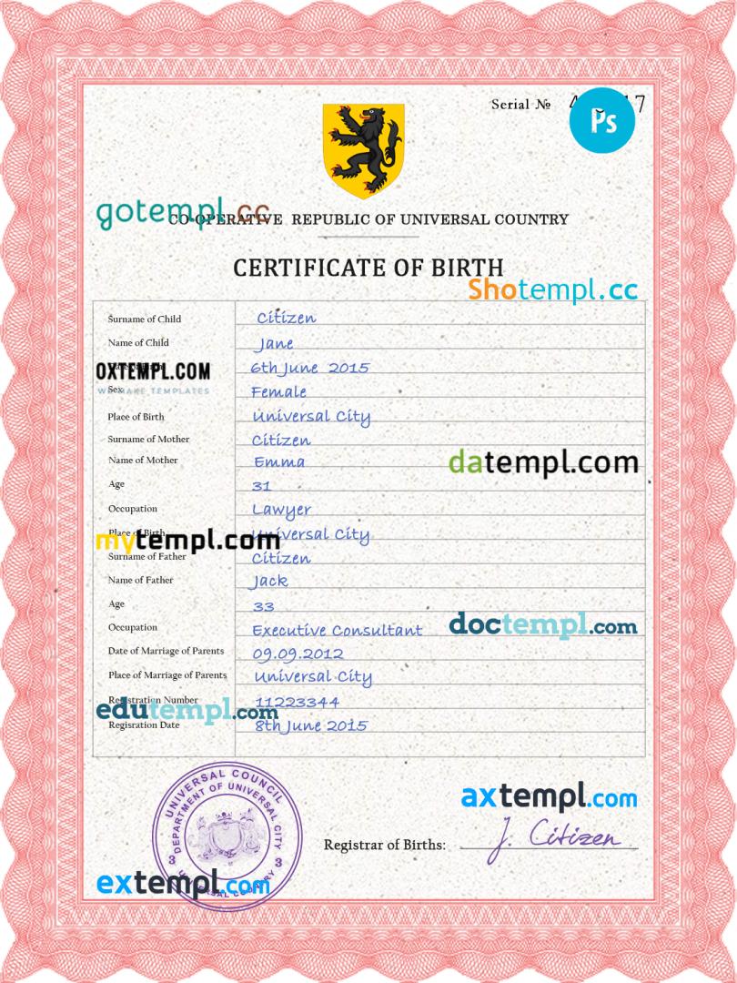 # scribe universal birth certificate PSD example, fully editable
