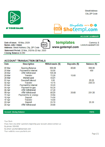 # green shape universal bank multipurpose statement example in Word format