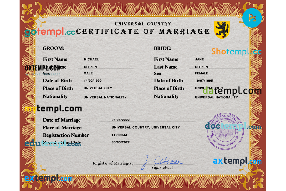 # sentiment marriage certificate PSD example, fully editable