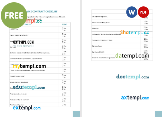 free download service contract checklist example, Word and PDF format
