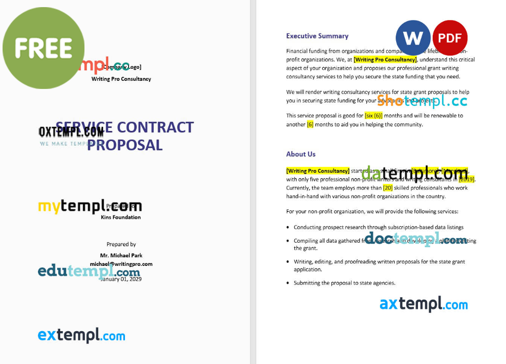 free download service contract proposal example, Word and PDF format