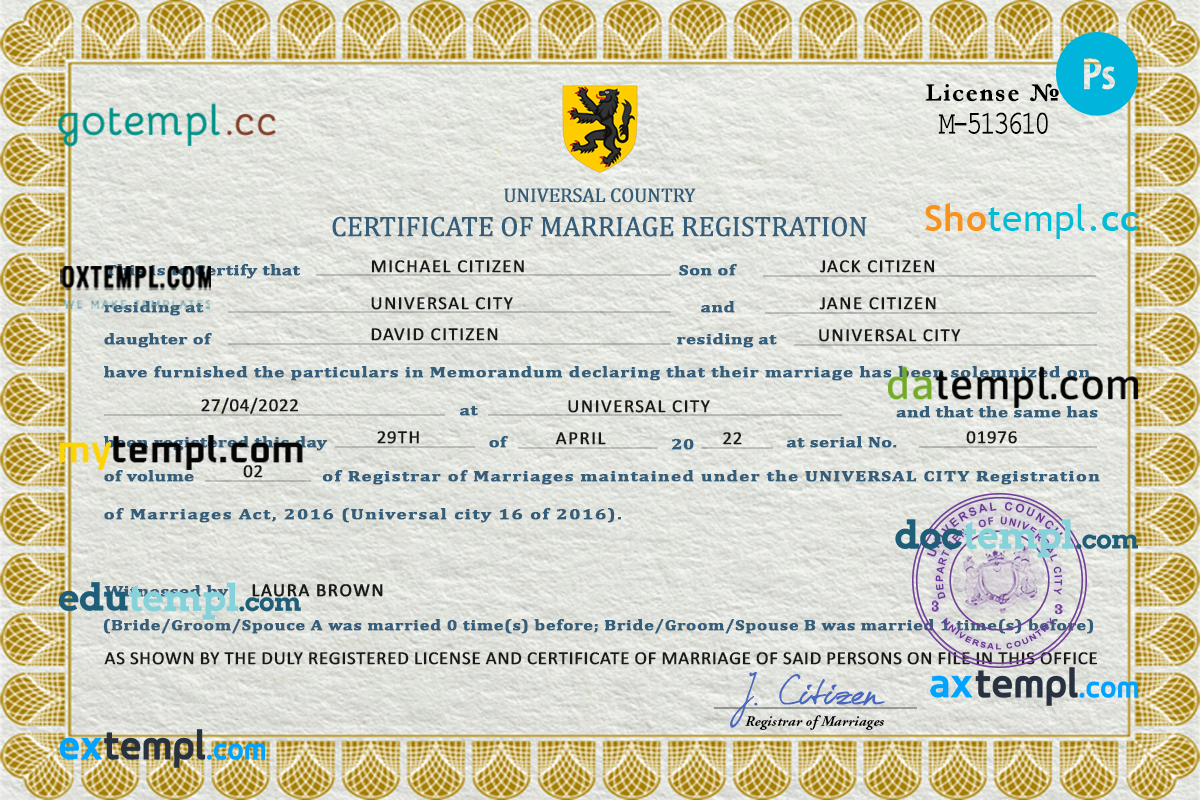 # sight universal marriage certificate PSD example, completely editable