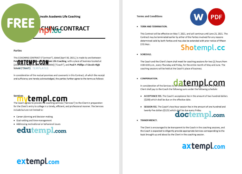 free download simple coaching contract example, Word and PDF format