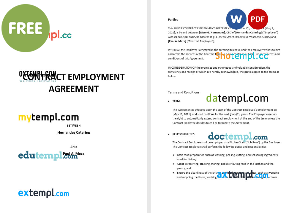free download simple contract employment agreement example, Word and PDF format