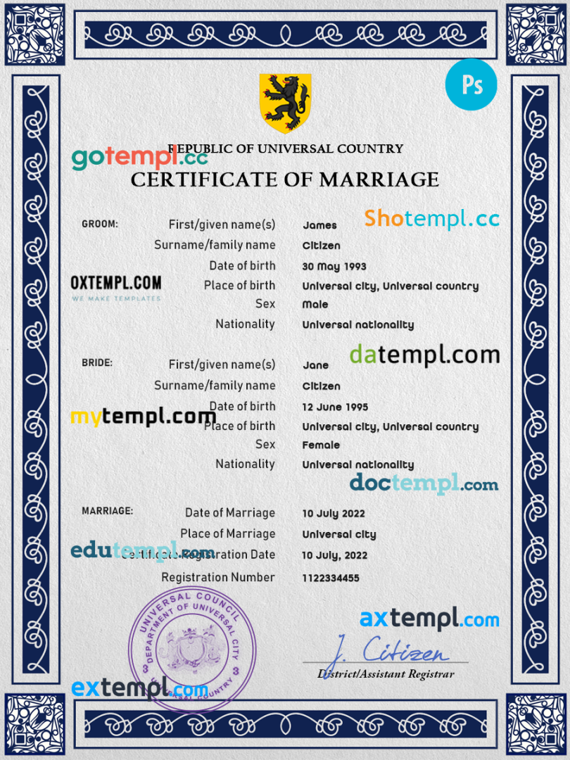 # sketch universal marriage certificate PSD example, completely editable