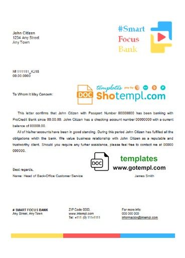 # smart focus bank universal multipurpose bank account reference example in Word and PDF format