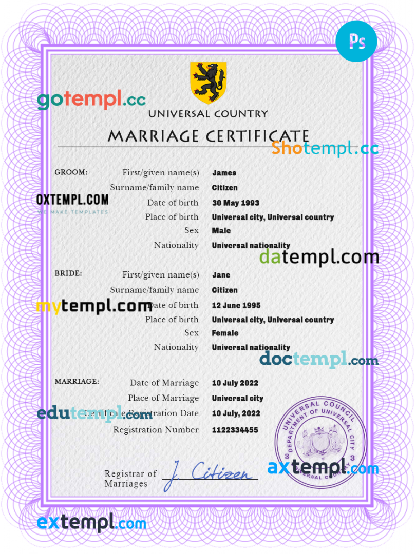 # snap universal marriage certificate PSD example, completely editable