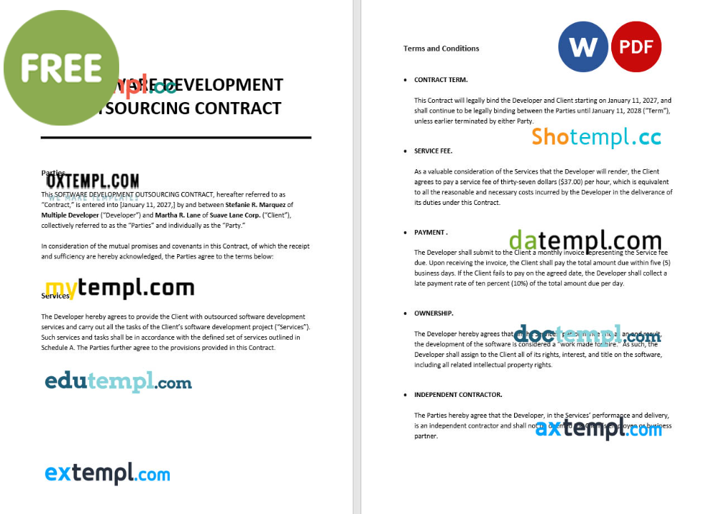 free download software development outsourcing contract example, Word and PDF format