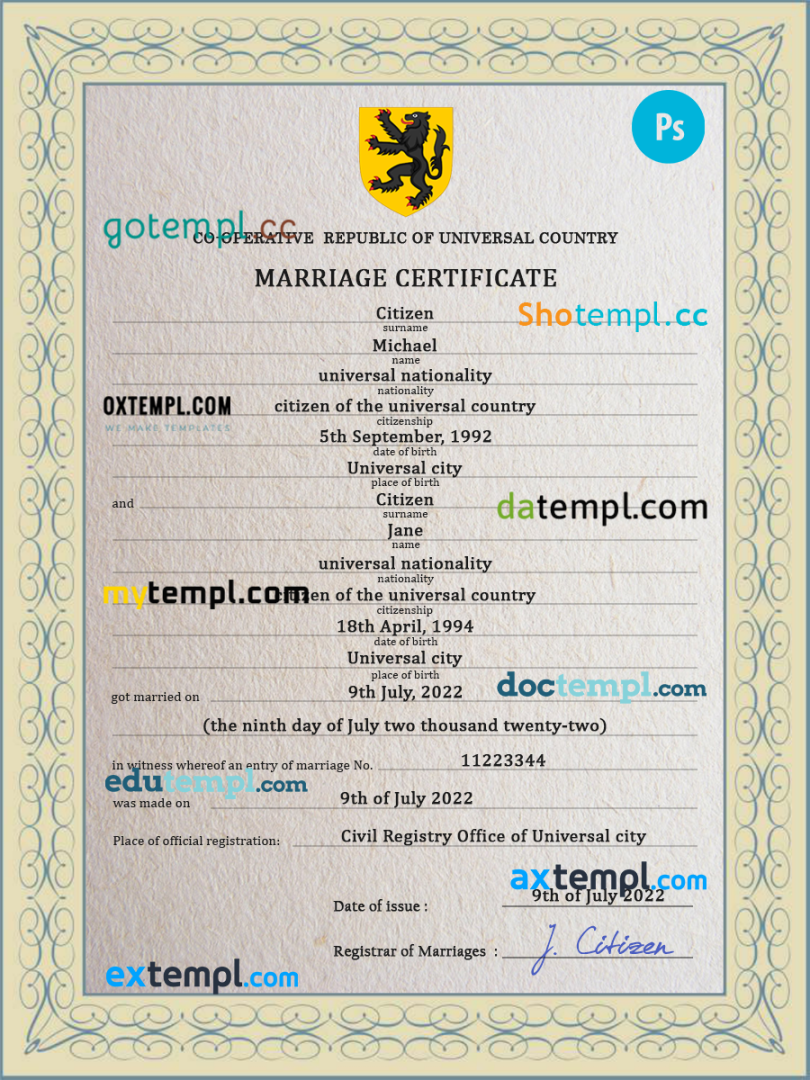 # soulmate universal marriage certificate PSD example, completely editable