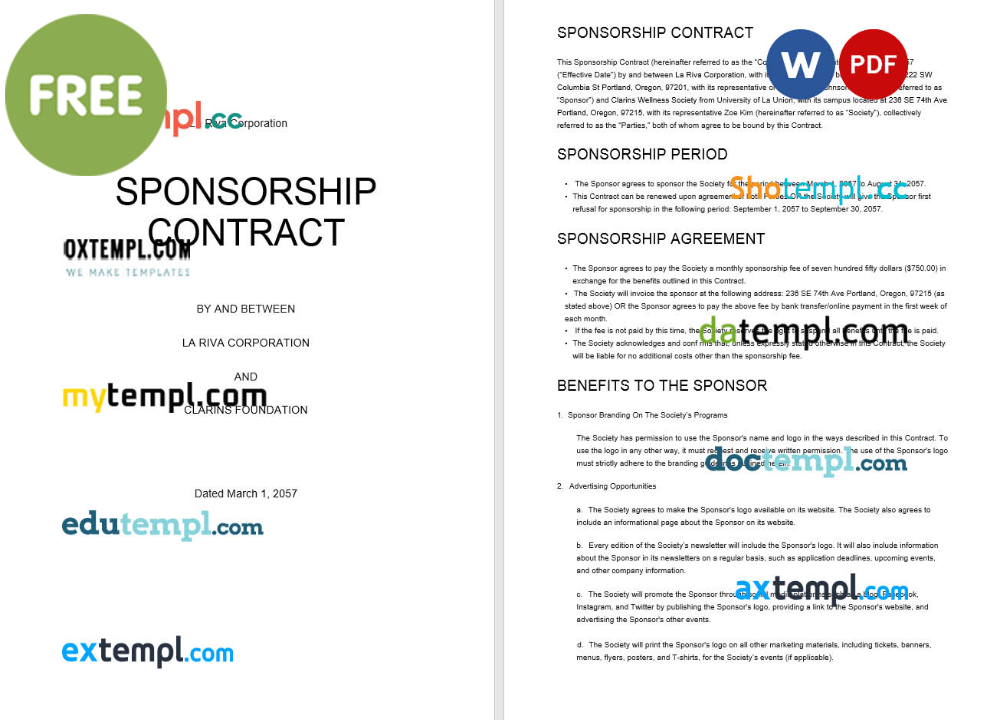 free download sponsorship contract example, Word and PDF format