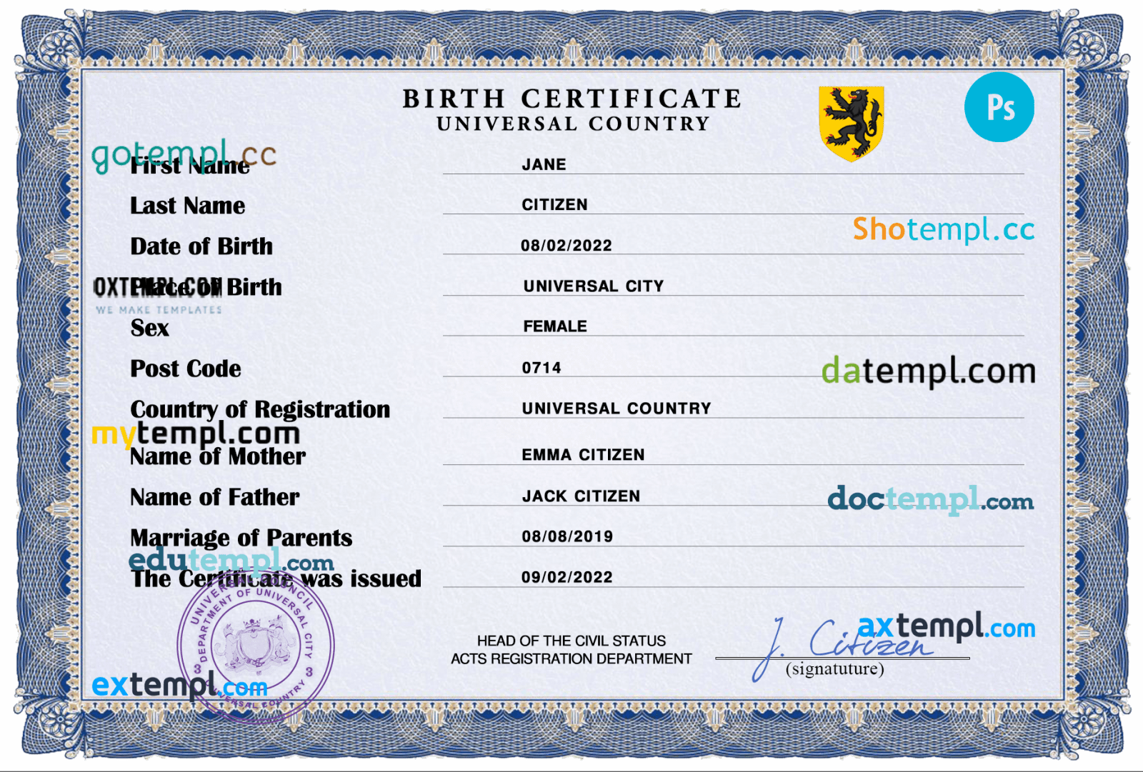 # stance universal birth certificate PSD example, completely editable