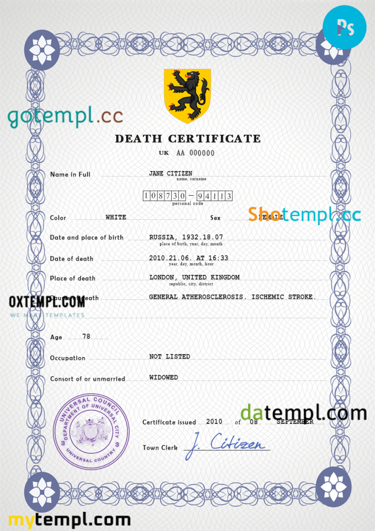 # stance vital record download death certificate universal PSD example