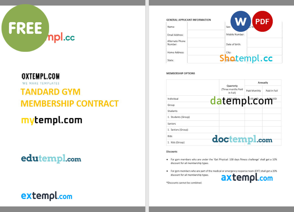 free download standard gym membership contract example, Word and PDF format