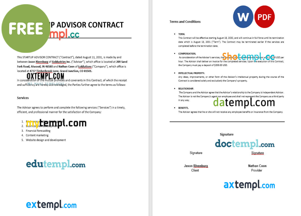 free download startup advisor contract example, Word and PDF format