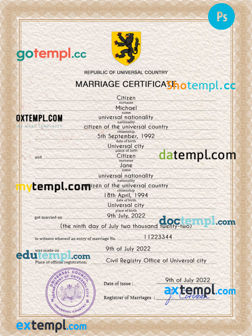# stock universal marriage certificate PSD example, fully editable