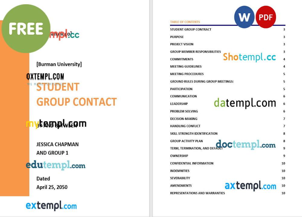 free download student group contract example, Word and PDF format