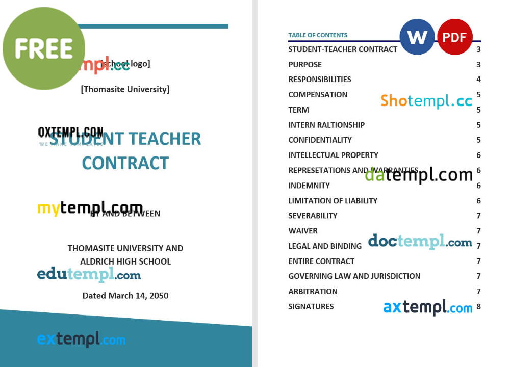 free download student teacher contract example, Word and PDF format
