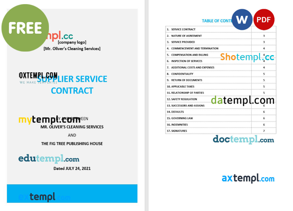 free download supplier service contract example, Word and PDF format