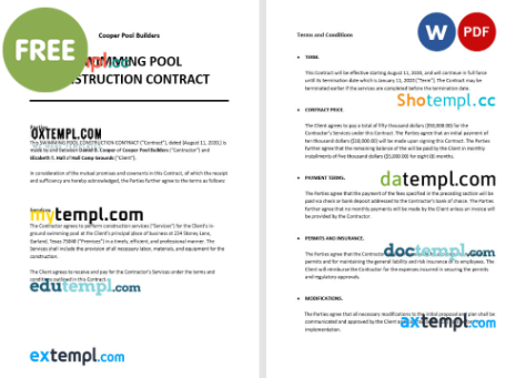 free download swimming pool construction contract example, Word and PDF format