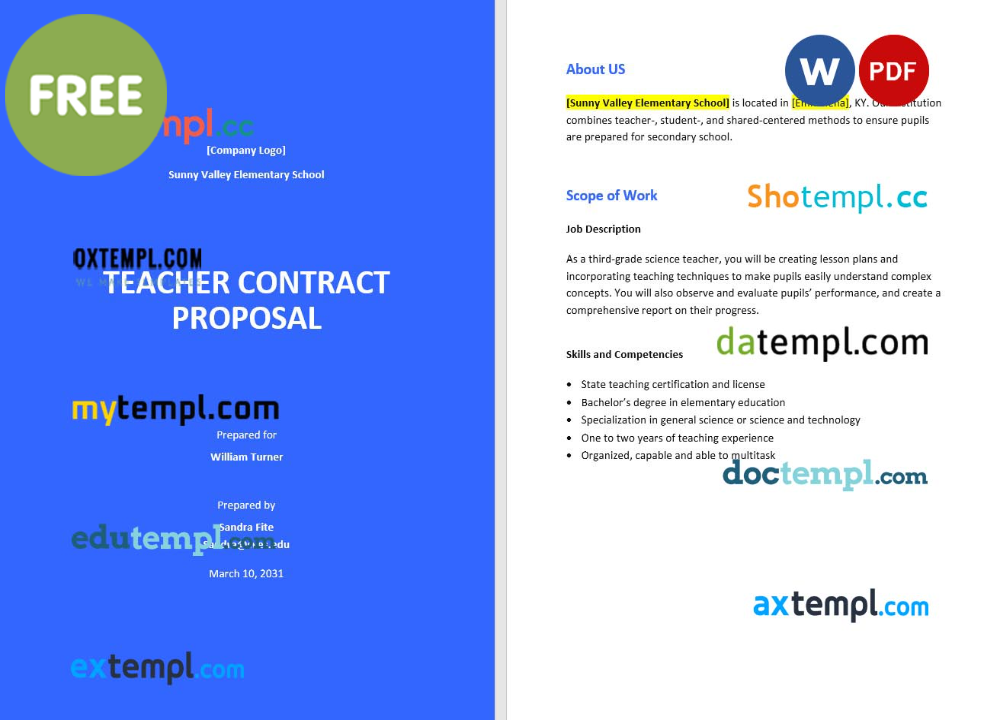 free download teacher contract proposal example, Word and PDF format