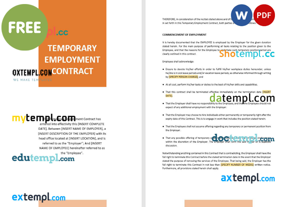 free download temporary employment contract example, Word and PDF format
